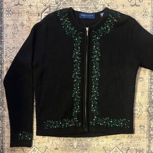 100% Wool Karen Scott Black Zip Cardigan with Green & Red Floral Embroidery
